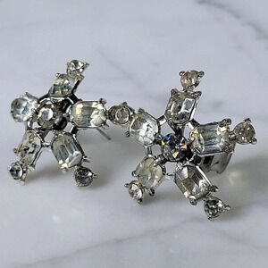 Vintage Starburst Clip Earrings Icy Rhinestone 40s 50s Costume Estate Si…